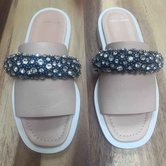 CARVEN French designer house leather jeweled shoes sandals slides resort wear